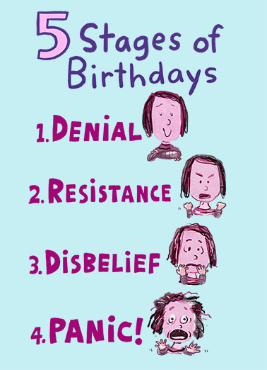 5 Stages of Birthdays Funny Birthday Card  Send a wish with this funny "The Five Stages of Birthdays" Birthday card or Ecard to put a smile on someone's face today.
  